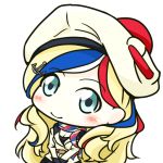  1girl aka_shiba beret blonde_hair blue_eyes blue_hair breasts chibi cleavage commandant_teste_(kantai_collection) hair_ornament hat jacket kantai_collection long_hair multicolored_hair pom_pom_(clothes) redhead scarf smile solo streaked_hair white_hair 