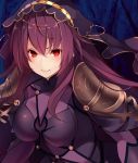  1girl bangs blush bodysuit breasts close-up fate/grand_order fate_(series) hair_between_eyes highres kujou_ichiso large_breasts long_hair looking_at_viewer purple_bodysuit purple_hair red_eyes scathach_(fate/grand_order) shoulder_pads smile solo upper_body veil 
