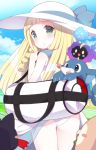  1girl blonde_hair blush braids cosmog dress female green_eyes hat lillie_(pokemon) litten long_hair pokemon pokemon_(creature) pokemon_(game) pokemon_sm popplio rowlet watanohara 