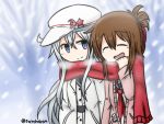  2girls :d artist_name blue_eyes brown_hair closed_eyes folded_ponytail hammer_and_sickle hat hibiki_(kantai_collection) inazuma_(kantai_collection) kantai_collection multiple_girls open_mouth raythalosm red_scarf scarf school_uniform shared_scarf smile snowing star twitter_username verniy_(kantai_collection) white_hair 