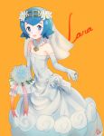  1girl albreo bare_shoulders blue_eyes blue_hair blush bouquet bridal_veil bride character_name covered_navel dress elbow_gloves flat_chest flower gloves hair_flower hair_ornament hairband highres jewelry looking_at_viewer navel necklace open_mouth pendant pokemon pokemon_(game) pokemon_sm ring rose short_hair signature solo strapless strapless_dress suiren_(pokemon) veil wedding_dress wedding_ring white_dress white_gloves white_rose wreath yellow_background 