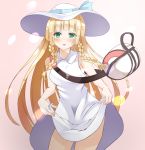  1girl :d bag bangs bare_arms blonde_hair blue_ribbon blunt_bangs blush bow braid collared_dress dress dress_lift duffel_bag eyes_visible_through_hair green_eyes handbag hat hat_bow hat_ribbon kuro75268 lillie_(pokemon) long_hair looking_at_viewer open_mouth poke_ball_theme pokemon pokemon_(game) pokemon_sm ribbon sleeveless sleeveless_dress smile solo sun_hat sundress twin_braids very_long_hair white_dress white_hat 