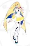  1girl blonde_hair dress gem green_eyes hair_over_one_eye high_heels holding holding_poke_ball long_hair lusamine_(pokemon) poke_ball pokemon pokemon_(game) pokemon_sm short_dress sleeveless sleeveless_dress solo very_long_hair yutoriro 