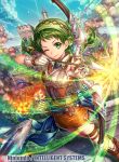  1girl arrow bandanna belt boots bow_(weapon) company_connection copyright_name fingerless_gloves fire_emblem fire_emblem:_rekka_no_ken fire_emblem_cipher fumi_(butakotai) gloves green_eyes green_hair holding holding_weapon knee_boots looking_at_viewer matching_hair/eyes miniskirt one_eye_closed quiver rebecca_(fire_emblem) skirt smile solo weapon 