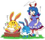  1girl alternate_color animal_ears azumarill blue_dress blue_hair buck_teeth commentary_request crossover dango dress eating food furukawa_(yomawari) grass highres looking_at_another pokemon puffy_short_sleeves puffy_sleeves rabbit_ears red_eyes seiran_(touhou) shiny_pokemon short_sleeves sitting sweat tail touhou translation_request tree_stump wagashi 