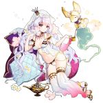  1girl breasts crown cup flower full_body genie holding jewelry lamp long_hair medium_breasts mini_crown navel official_art pillow pink_eyes pouring princess_paia sandals smile solo teapot toe_ring transparent_background uchi_no_hime-sama_ga_ichiban_kawaii veil white_hair 