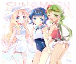  3girls ass bangs bitter_crown blonde_hair blue_eyes blue_hair blunt_bangs blush bow braid copyright_name dark_skin dress flower green_eyes green_hair hair_flower hair_ornament hairband hat heart lillie_(pokemon) long_hair looking_at_viewer mallow_(pokemon) multiple_girls one-piece_swimsuit one_eye_closed open_mouth overalls pokemon pokemon_(game) pokemon_sm sailor_collar short_hair sleeveless sleeveless_dress smile suiren_(pokemon) sun_hat swimsuit swimsuit_under_clothes trial_captain twin_braids twintails white_dress white_hat 
