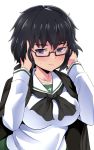  1girl black_hair breasts eyebrows_visible_through_hair girls_und_panzer glasses jacket kuku123 large_breasts oryou_(girls_und_panzer) school_uniform semi-rimless_glasses simple_background solo sweatdrop under-rim_glasses white_background 