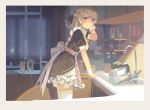  1girl apron black_eyes blonde_hair hjl kitchen long_hair looking_at_viewer maid official_art sink solo thigh-highs white_legwear wiping_face 