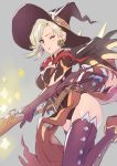  1girl blonde_hair book boots earrings elbow_gloves gloves halloween halloween_costume jack-o&#039;-lantern jack-o&#039;-lantern_earrings jewelry looking_at_viewer matsuda_(matsukichi) mechanical_wings mercy_(overwatch) one_eye_closed overwatch simple_background sketch solo thigh-highs thigh_boots white_background wings witch_mercy 