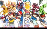  1boy :d alternate_costume arm_up baseball_cap black_hair brown_eyes charizard clenched_teeth column_lineup crossed_arms fire greninja grin hat infernape krookodile looking_at_viewer male_focus multiple_persona nintendo open_mouth pikachu pokemon pokemon_(anime) pokemon_(creature) pokemon_(game) pokemon_bw pokemon_dppt pokemon_rgby pokemon_rse pokemon_sm pokemon_sm_(anime) pokemon_xy pokemon_xy_(anime) satoshi-greninja satoshi_(pokemon) satoshi_(pokemon)_(classic) sceptile short_hair smile split_screen teeth time_paradox 