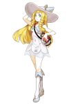  1girl blonde_hair dress frown full_body genzoman green_eyes hat lillie_(pokemon) looking_at_viewer poke_ball pokemon pokemon_(game) pokemon_sm solo sun_hat 