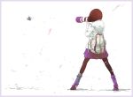  1girl ainzhou ankle_boots backpack bag black_legwear blurry boots border brown_hair camera from_behind full_body highres holding holding_camera hood hoodie legs_apart original pantyhose pleated_skirt purple_skirt skirt standing white_background 