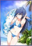  1girl beach bikini blue_bikini blue_eyes blue_hair breasts cleavage collarbone hand_in_hair imca long_hair lowres outdoors palm_tree senjou_no_valkyria senjou_no_valkyria_3 side-tie_bikini sideboob small_breasts solo swimsuit tree 