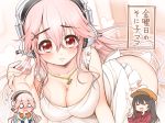  1girl 2girls apron black_hair blush breasts chibi_inset cleavage closed_eyes embarrassed flying_sweatdrops fujimi_suzu hat headphones kanjitomiko large_breasts long_hair looking_at_viewer multiple_girls naked_apron nitroplus open_mouth pink_eyes pink_hair smile solo super_sonico translation_request wavy_mouth 