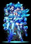  2girls :d blue blue_bow blue_eyes blue_hair blue_legwear blue_mouth blue_shoes blue_skirt bow choker full_body hair_bow hand_on_hip happinesscharge_precure! heart heartcatch_precure! kurumi_erika long_hair multiple_girls ninomae open_mouth pantyhose precure shirayuki_hime shoes skirt smile standing striped striped_bow striped_legwear thigh-highs v vertical-striped_legwear vertical_stripes white_skirt wrist_cuffs 