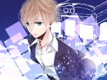  1boy blue_background blue_eyes brown_hair from_above ground_vehicle jacket male_focus niconico open_clothes open_jacket parted_lips solo sou_(niconico) touketsu train 