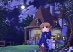  1girl bell boots brown_hair cat clouds dress flower full_moon grey_eyes house moon night outdoors ribbon shoes short_hair sitting smile tree 