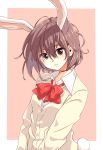  1girl animal_ears bow bunny_tail cardigan head_tilt highres long_sleeves looking_at_viewer messy_hair nikotamu original parted_lips pink_background purple_hair rabbit_ears red_bow short_hair solo tail upper_body v_arms violet_eyes 