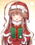  ahoge blush brown_hair christmas closed_eyes dress kantai_collection kuma_(kantai_collection) long_hair personification santa_hat smile 