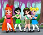  4girls black_hair blonde_hair blossom_(ppg) blue_eyes brown_eyes brown_hair bubbles_(ppg) buttercup_(ppg) child dress green_eyes hair_bow hairband highres j8d mary_janes multiple_girls outside pink_eyes plaid ponytail powerpuff_girls redhead robyn_snyder sash skirt socks stockings t-shirt tartan twintails 