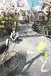  1girl bangs bayashiko brown_hair building cable cherry_blossoms closed_eyes day dog dog_print drain_(object) highres light_rays long_sleeves original outdoors petals plant road scenery shade shadow shirt short_hair solo squatting street sunlight tree utility_pole white_shirt 