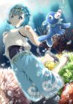  1girl air_bubble baggy_pants blue_eyes blue_hair blue_pants blush breath bright_pupils capri_pants coral_reef covered_navel diving eroriru freediving full_body hairband holding_breath looking_at_viewer ocean one-piece_swimsuit pants pokemon pokemon_(game) pokemon_sm popplio sailor_collar sandals short_hair suiren_(pokemon) sunlight swimming swimsuit swimsuit_under_clothes toenail_polish trial_captain underwater water 