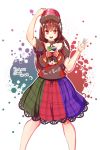  1girl :d black_shirt blush bow breasts brown_hair chains choker earth_(ornament) furim hakurei_reimu hand_on_headwear heart_print hecatia_lapislazuli highres large_breasts long_hair looking_at_viewer moon_(ornament) multicolored_skirt off-shoulder_shirt open_mouth polos_crown red_eyes shirt skirt smile solo touhou very_long_hair waving yukkuri_shiteitte_ne 