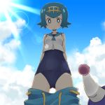  1girl arms_behind_back blue_eyes blue_hair blue_sky bright_pupils clouds day expressionless from_below hairband light_rays looking_at_viewer nekotoufu one-piece_swimsuit outdoors pants_pull pokemon pokemon_(game) pokemon_sm popplio sailor_collar short_hair sky sleeveless suiren_(pokemon) sunbeam sunlight swimsuit swimsuit_under_clothes trial_captain 