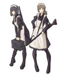  2girls :&lt; ammo_box apron black_hair blue_eyes boots brown_hair dress gun hand_on_hip hogeo machine_gun maid maid_headdress multiple_girls pantyhose pigeon-toed short_hair standing weapon white_background 