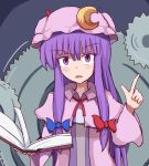  1girl blush book bow bun_cover capelet crescent crescent_hair_ornament d:&lt; double_bun dress gears hair_bow hair_ornament hat highres holding holding_book index_finger_raised long_hair looking_at_viewer mob_cap nikori patchouli_knowledge purple_hair solo striped striped_dress touhou very_long_hair violet_eyes 