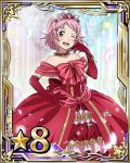  1girl breasts card_(medium) cleavage collarbone diadem dress elbow_gloves gloves hair_ornament hand_on_hip lisbeth looking_at_viewer medium_breasts number one_eye_closed pink_hair red_dress red_eyes red_gloves short_hair solo star sword_art_online 