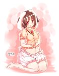  1girl :o animal_ears barefoot belly belly_rub bloomers blush bow bowtie breasts brown_hair carrot_necklace floppy_ears furim highres inaba_tewi looking_at_viewer navel no_nose no_pants plump rabbit_ears red_eyes short_hair sitting small_breasts solo toes touhou undersized_clothes underwear wariza 