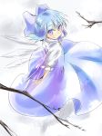  1girl blue_dress blue_eyes blue_hair blush bow cirno dress eyebrows_visible_through_hair hair_bow ice ice_wings puffy_short_sleeves puffy_sleeves shirt short_sleeves sleeveless sleeveless_dress smile snow touhou white_shirt wings winter yrjxp065 