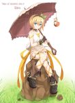  1girl blonde_hair blue_eyes choker dress edna_(tales) gloves hair_ribbon hairband kyuutou_(kyuutouryuu) leg_ribbon looking_at_viewer parasol ribbon short_hair side_ponytail single_glove solo tales_of_(series) tales_of_zestiria umbrella 