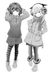  2girls ankle_boots bangs boots coat earmuffs full_body girls_und_panzer greyscale halftone hands_in_pockets hands_on_earmuffs hands_on_headphones hands_on_own_head headphones highres itsumi_erika jacket light_smile long_hair long_sleeves looking_at_viewer mittens monochrome multiple_girls nishizumi_maho pantyhose parted_lips pleated_skirt scarf short_hair shorts skirt standing striped striped_legwear winter_clothes younger yoyokkun 