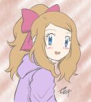  1girl blue_eyes blush brown_hair hair_ribbon highres long_hair looking_at_viewer open_mouth pokemon pokemon_(anime) pokemon_(game) pokemon_xy ponytail ribbon serena_(pokemon) solo 