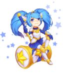  1girl alternate_costume animal_ears armor armored_boots armored_dress blue_eyes blue_hair boots fang hair_ornament hammer highres kezi league_of_legends long_hair looking_at_viewer magical_girl pointy_ears poppy sitting skirt solo star star_guardian_poppy twintails yordle 