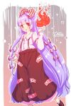  1girl :o bow collared_shirt fire flame flat_chest fujiwara_no_mokou furim hair_bow highres juliet_sleeves long_hair long_sleeves looking_at_viewer ofuda_on_clothes pants puffy_sleeves purple_hair red_eyes shirt shoe_bow shoes solo suspenders touhou very_long_hair 