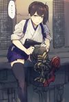  1girl black_legwear blush brown_eyes brown_hair fukazaki_(g425hw45) hair_between_eyes japanese_clothes kaga_(kantai_collection) kantai_collection long_hair looking_at_viewer machinery muneate putting_on_boots side_ponytail sitting sleeves_rolled_up solo sweatdrop tasuki thigh-highs 