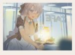  1girl :d breasts brown_hair cleavage food hjl jar looking_at_viewer official_art open_mouth smile solo teeth waitress 