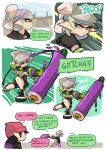  +_+ 2girls alternate_weapon aori_(splatoon) beanie black_hair black_shirt black_shorts brown_eyes casual closed_mouth comic domino_mask english grey_hair hat highres holding holding_weapon hotaru_(splatoon) layered_clothing long_hair looking_back mask multiple_girls open_mouth print_shirt shirt shoes short_hair short_over_long_sleeves shorts sneakers splat_roller_(splatoon) splatoon squatting striped striped_shirt sweatdrop tentacle_hair weapon white_shoes wong_ying_chee 