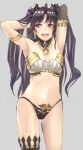  1girl :d armlet armpits arms_up bare_legs bare_shoulders black_hair crown earrings elbow_gloves fate/grand_order fate_(series) female gloves hair_ribbon highres hoop_earrings ishtar_(fate/grand_order) jewelry legs long_hair looking_to_the_side michihasu midriff neck_ring open_mouth red_eyes revealing_clothes ribbon round_teeth shiny shiny_hair single_elbow_glove single_glove single_thighhigh smile solo standing strapless thigh-highs tohsaka_rin two_side_up 