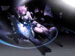  1girl artist_name bare_shoulders broken broken_weapon clare_(543) copyright_name damaged dated fate/grand_order fate_(series) gloves hair_over_one_eye highres knees_together_feet_apart outstretched_arm purple_gloves purple_hair shielder_(fate/grand_order) short_hair solo tearing_clothes thigh-highs thigh_strap torn_clothes torn_thighhighs violet_eyes weapon 