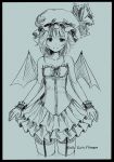  1girl alternate_costume artist_name bare_shoulders bat_wings black_border border bow character_name corset cropped_legs facing_viewer frilled_skirt frills garter_straps hat hat_bow hat_ribbon highres kareyare looking_at_viewer mob_cap monochrome remilia_scarlet ribbon scan short_hair simple_background sketch skirt sleeveless smile solo thigh-highs touhou traditional_media wings wrist_cuffs zettai_ryouiki 