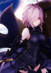  1girl armor black_legwear blue_sky blush breasts cowboy_shot fate/grand_order fate_(series) gauntlets hair_over_one_eye holding holding_shield holding_sword holding_weapon kujou_ichiso large_breasts looking_at_viewer purple_hair shield shielder_(fate/grand_order) short_hair sky sleeveless smile solo sword thigh-highs violet_eyes weapon 