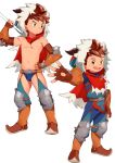  1boy armor boots brown_eyes brown_hair bulge cape fingerless_gloves gauntlets gloves highres hood leather leather_gloves male_focus monster_hunter monster_hunter_stories outstretched_arm rider_(armor) ryuuto_(monster_hunter_stories) shirtless shoulder_armor simple_background smile spiky_hair tanaka_(tanakasunsun) white_background 
