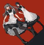  apron bangs black_eyes boots bow dutch_angle hair_ribbon hand_on_hip highres hogeo maid maid_apron open_mouth original pantyhose ponytail puffy_sleeves red_background ribbon skirt_hold smile standing teeth twintails 