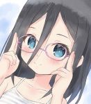  1girl adjusting_glasses black_hair blue_eyes casual close-up glasses hair_between_eyes hibike!_euphonium long_hair pink-framed_eyewear ramble smile tanaka_asuka younger 