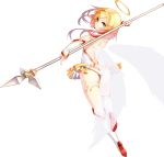  1girl angel angel_wings ass bell blonde_hair boots detached_sleeves dev from_behind green_eyes halo highres holding holding_weapon knee_up leotard looking_at_viewer looking_back original polearm short_hair_with_long_locks simple_background solo spear thighs weapon white_background white_boots white_leotard white_sleeves wings 